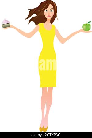Mädchen hält Apfel in einer Hand und Kuchen in einer anderen, gesunde Ernährung Konzept Stock Vektor
