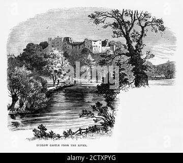 Ludlow, England, Ludlow Castle from the River, Victorian Engraving, um 1840 Stockfoto