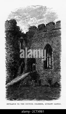 Ludlow, England, Eingang zur Ratskammer, Ludlow Castle, Victorian Engraving, um 1840 Stockfoto