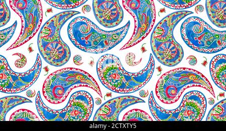 Paisley Nahtloses Muster. Handgemachtes Gemälde. Helle bunte Blumengeometrie Aquarell-Illustration auf weißem Hintergrund für Textil, Verpackung Stockfoto