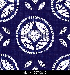 Vektor blau Shibori Quilt runden Kreis nahtlose Muster mit Leinwand Hintergrund. Geeignet für Textil, Geschenkpapier und Tapeten. Stock Vektor