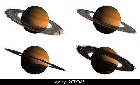 3D-Renderings des Saturn-Planeten auf weiß, aus mehreren Winkeln mit dem Clipping-Pfad in der Abbildung enthalten, für Weltraumforschung Hintergrund Stockfoto