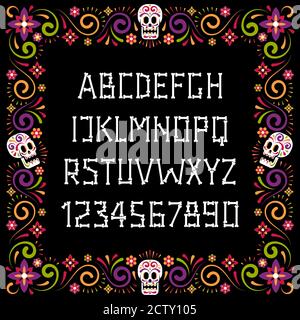 Dia de muertos Knochen Schriftart und festliche Blumenrahmen Stock Vektor