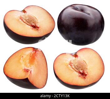 Sammlung von Pflaumen auf einem weißen Hintergrund. Stockfoto