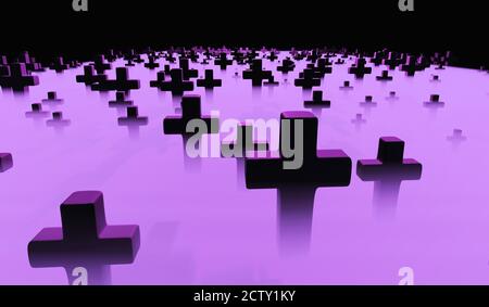 Viele Kreuze auf dem Friedhof in Dunst, halloween Hintergrund, 3d Render Stockfoto