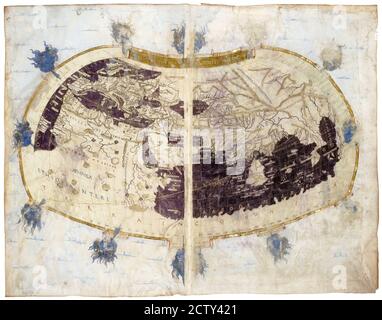 Weltkarte aus dem seltenen mittelalterlichen Buch Geografie von Claudius Ptolemäus, erschienen 1480. Detailreicher Jahrgang Antike Landkarte mit Land und Meer. Konzept der Antike Stockfoto