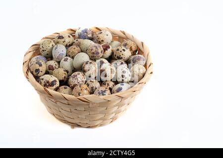 Wachteleier im Korb auf weißem Hintergrund Stockfoto