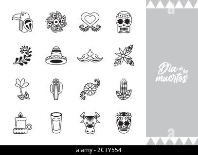Bündel von sechzehn Dia de los muertos set Icons Vektor Illustrationsdesign Stock Vektor