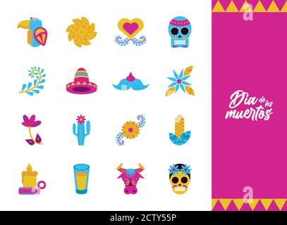 Bündel von sechzehn Dia de los muertos set Icons Vektor Illustrationsdesign Stock Vektor