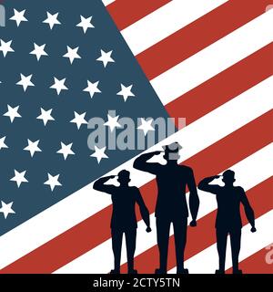Offiziere militärische Silhouetten in usa Flagge Hintergrund Vektor Illustration Design Stock Vektor
