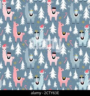 Weihnachtliche Lamas Nahtloses Muster Stock Vektor