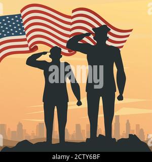 Offiziere militärische Silhouetten mit usa Flagge Sonnenuntergang Szene Vektor Illustration Design Stock Vektor