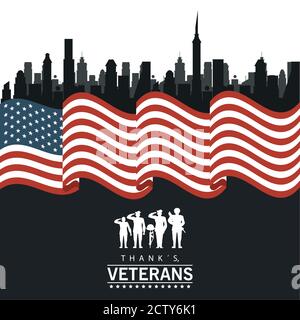 Happy Veterans Tag Schriftzug in Poster mit Soldaten Silhouetten in usa Flagge Vektor Illustration Design Stock Vektor