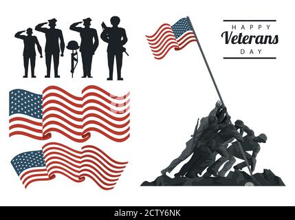 Happy Veterans Day Schriftzug im Plakat mit Soldaten mit Flagge Symbole Vektor Illustration Design Stock Vektor