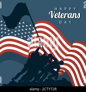 Happy Veterans Tag Schriftzug in Poster mit Soldat heben Flagge In Pole Silhouetten Vektor Illustration Design Stock Vektor