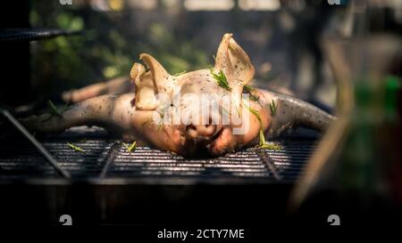 BBQ ganze gegrillte Schwein im Gartenhaus. Hausmannskost von knusprig gebratenem Schweinefleisch. Nahaufnahme von Ferkel Braten auf einem Spieß, spanisches gegrilltes heißes Fleisch. Stockfoto