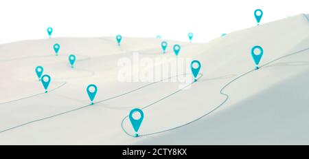 Übersicht über Wegpunkte auf einem kurvenreichen Wanderweg durch Berge, 3d-Illustration. Stockfoto