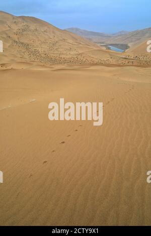 Nicht identifizierter See unter Megadunen in der Badain Jaran Wüste-Innere Mongolei-China-1055 Stockfoto