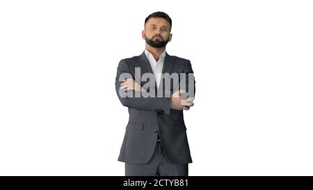 Selbstbewusster Geschäftsmann mit Bart und Mustaschen im Anzug stehend Stockfoto