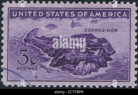 Briefmarken gedruckt in den USA zeigt Ansicht von Corregidor, Philippinen Ausgabe, Endwiderstand der US und philippinischen Verteidiger auf Corregidor, 1944 stoc Stockfoto