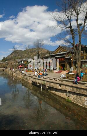 Gebäude entlang des Yu-Flusskanals, Altstadt, Lijiang, Provinz Yunnan, China Stockfoto