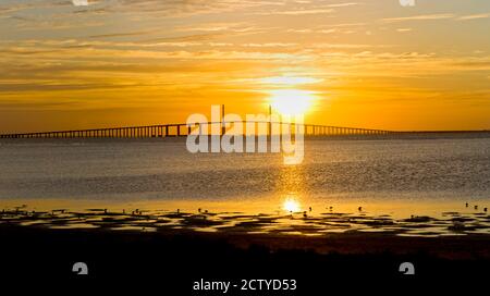 Sonnenaufgang über der Sunshine Skyway Bridge, Tampa Bay, Florida, USA Stockfoto