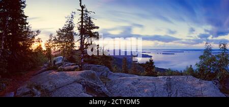 Felsen und Bäume am See, Pielinen-See, Koli-Nationalpark, Lieksa, Finnland Stockfoto