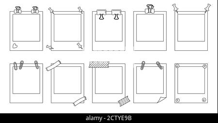 Polaroid Fotorahmen Linie Satz. Notebook-Kollektion mit Büroklammer, Stecknadeln. Papiernotizen Memo-Nachrichten mit Elementplanung. Verschiedene Tag Business Office, Schreiben erinnert. Isolierter Vektor Stock Vektor