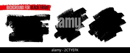 Black Friday Verkauf Farbe Vorlage Set. Abstrakter Hintergrund. Tintenmalerei, Pinselstrich. Aquarell Grunge Textur. Handgezeichnete Textur. Schwarze schmutzige Blots Form. Isolierte Vektordarstellung Stock Vektor