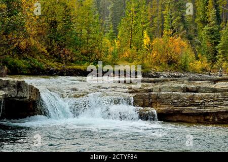 Ein Wasserfall auf dem Gregg River auf dem Highway 40 South in der Nähe von Cadomin Alberta Canada. Stockfoto