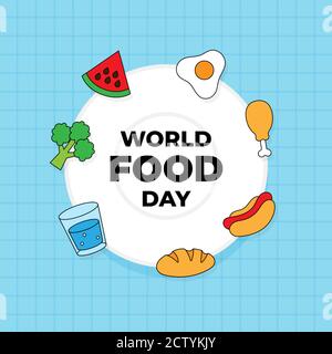 Welt Essen Tag Feier Poster Hintergrund-Design. Verschiedene Arten von Essen und Trinken Symbol auf Platte Vektor Illustration Stock Vektor
