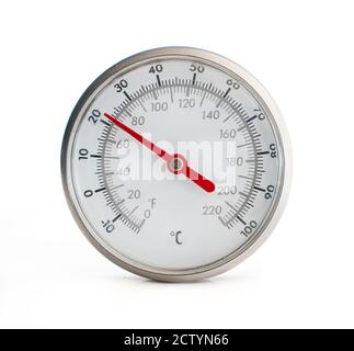 Sofort ablesbares Thermometer. Vorderansicht, Nahaufnahme. Temperaturanzeige in Fahrenheit und Celsius. Überprüfen Sie Ihr Fleisch auf Lebensmittel speichern Temperatur. Isoliert. Stockfoto