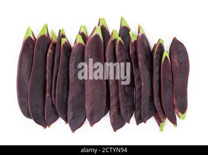 Ungewöhnliche violette Schneeerbsenernte. Draufsicht auf mehrere Erbsenschoten. PEA-Pflanzen begannen aus organischen Erbgut Samen. Autarke Gemüsegarten. Stockfoto