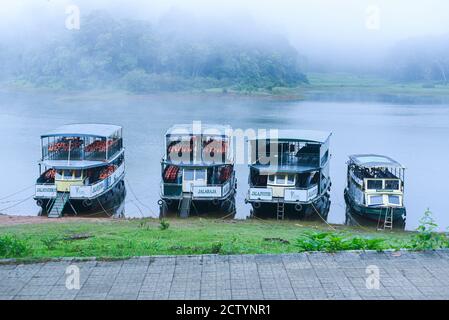 Bootssafari im nebligen See oder nebligen Fluss an einem Wintermorgen im wilden Wald oder Dschungel. Foto vom Boot aufgenommen. Indische Wildtiere. Nationalpark Stockfoto