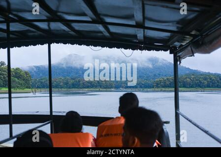 Bootssafari im nebligen See oder nebligen Fluss an einem Wintermorgen im wilden Wald oder Dschungel. Foto vom Boot aufgenommen. Indische Wildtiere. Nationalpark Stockfoto