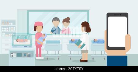 Entbindungsstation mit leerem Bildschirm Handy, Kinderarzt und Neugeborenen flache Design Vektor-Illustration Stock Vektor