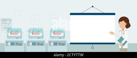 Entbindungsstation mit leerem Projektor und Neugeborenen Vektor-Illustration für Inkubatoren mit flachem Design Stock Vektor