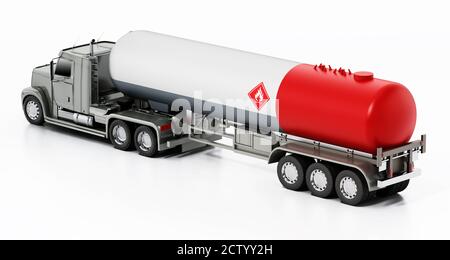 Gas-LKW mit Aluminium-Tankwagen Anhänger. 3D-Illustration. Stockfoto