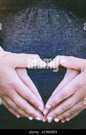 Mutterschaft Fotoshooting, ein Vater und eine schwangere Mutter ein Herz mit den Händen auf dem Bauch der Mutter, Kapstadt, Südafrika Stockfoto