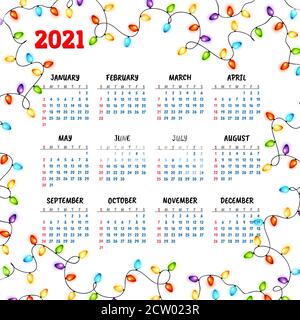 Kalender für 2021 mit bunten Girlanden Hintergrund. Vektorgrafik Stock Vektor