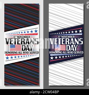 Vektor-Layouts für Veterans Day, dekorative Broschüre mit Illustration der nationalen rot-blau gestreiften Flagge der USA und einzigartigen Schriftzug für Wörter 11 Stock Vektor