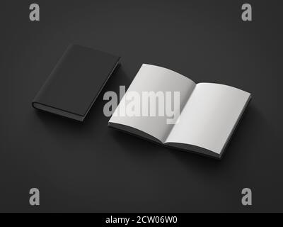 3d-Rendering leere Seiten Notizbuch auf schwarzem Hintergrund Stockfoto