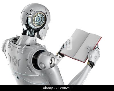3d Rendering Cyborg halten leere Seiten Buch isoliert auf weiß Stockfoto