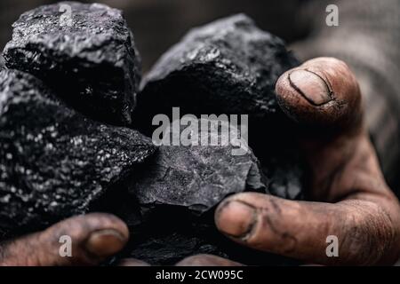 Closeup Miner hält Kohlepalme. Konzept Bergbau, Draufsicht Stockfoto