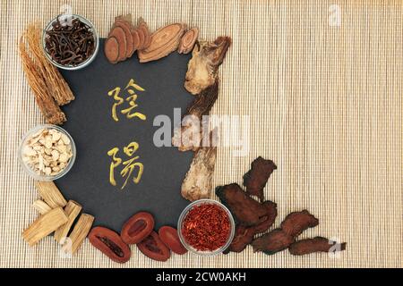 Chinesische Yin & Yang Kräuter in der traditionellen Kräutermedizin mit Kalligraphie Schrift auf Bambus verwendet. Natürliche ganzheitliche Gesundheitsversorgung. Flach liegend, Draufsicht. Trans Stockfoto