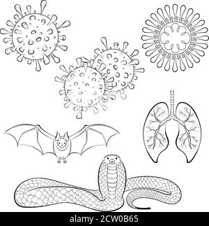 Coronavirus Line Art Symbole gesetzt. Viren und wahrscheinliche Träger von Infektionen Fledermaus und Schlange. Handzeichnung Vektorgrafik isoliert auf weißem Hintergrund Stock Vektor