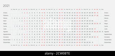 Kalender 2021 auf Spanisch auf hellem Hintergrund. 12 Monate Zeile für Zeile. Linearer Kalender. Einfache und saubere horizontale Vektor bearbeitbare Vorlage Stock Vektor