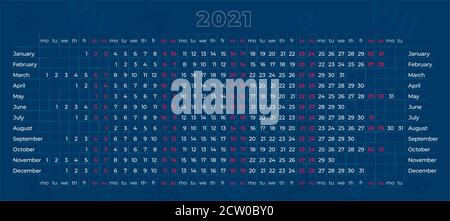 Wandkalender 2021 in englischer Sprache auf tiefblauem Hintergrund. 12 Monate Zeile für Zeile. Linearer Kalender. Vektorvorlage für horizontales Material Stock Vektor