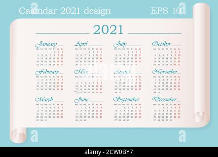 Wandkalender 2021 Vorlage auf Pergament. 12 Monate. Die Woche beginnt am Montag. Horizontaler Stock Vektor bearbeitbare Kalender Design von 2021 Jahr Stock Vektor