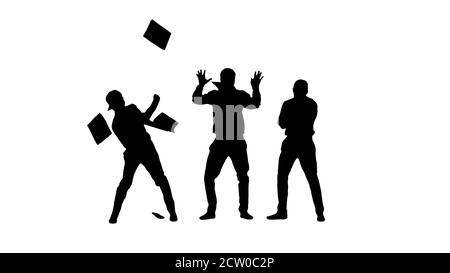 Silhouette drei Jungs werfen Dokumente in der Luft und starten Stockfoto